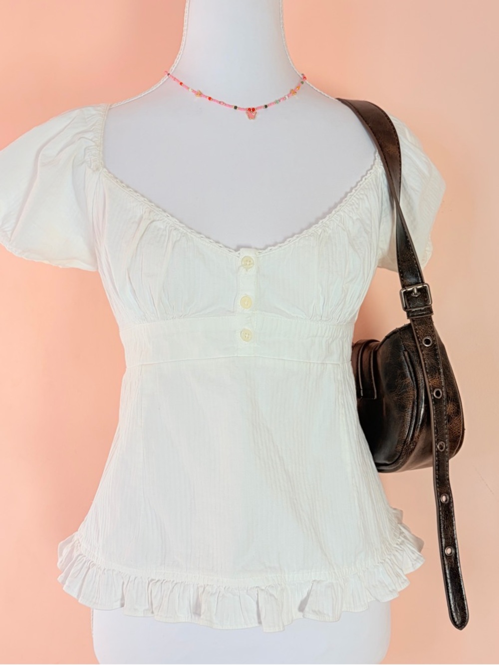 Brandy Melville White Scoop-Neck Puff Sleeve Top - Picture 6 of 7